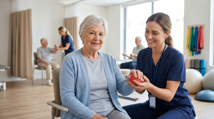Fototapeta premium Female physiotherapist helping senior woman with hand rehabilitation exercise. Healthcare professional assisting elderly patient with recovery in clinic. Medical therapy, support concept.