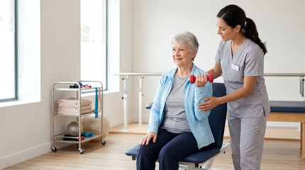 Obraz premium Physiotherapist helping senior woman with dumbbell exercise. Medical professional assisting elderly lady during rehabilitation session. Healthcare recovery and strength training at clinic.