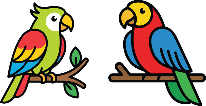 Cute Cartoon Parrot and Macaw Sitting on Tree Branch Illustration Set, Colorful Tropical Exotic Birds Character Design Background