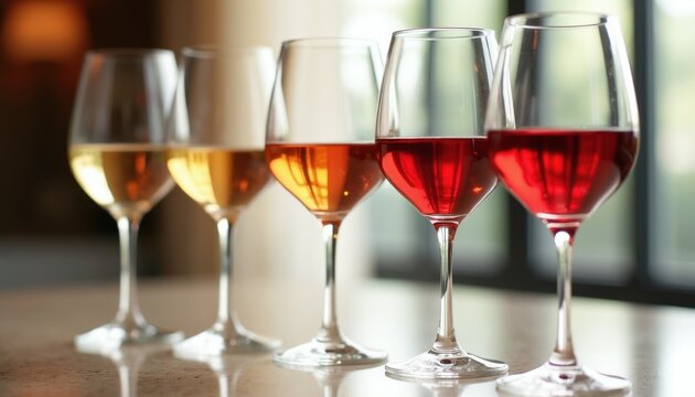 Five wine glasses with white rose and red wine. Elegant stems and liquid colors create sophisticated mood. Perfect for restaurant bar or winery promotion.