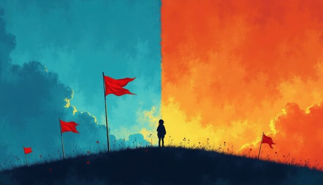 Child stands on hill with red flags. Sky splits blue orange. Abstract contrast, hope, warning, choice, transition, new beginnings, future journey. Child looks forward.