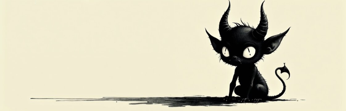 Little black demon with horns sits, looks. Ink art sharp features, dramatic shadows, vintage horror style. Monochromatic illustration. Spooky creature concept art. Small fiend. Gothic character art.