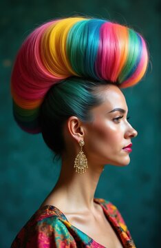 Woman profile with large rainbow pompadour hair, teal base color. Detailed gold earring dangle, vibrant patterned top. Artistic portrait, fashion statement.
