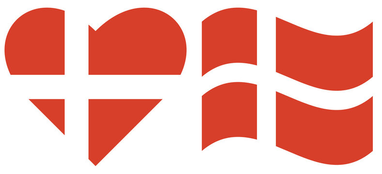 Denmark flags collection. Waving flag of Denmark isolated. Flag of Denmark heart shape, symbol
