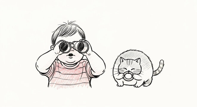 Cute Child and Cat Mimicking Binoculars Together Illustration.