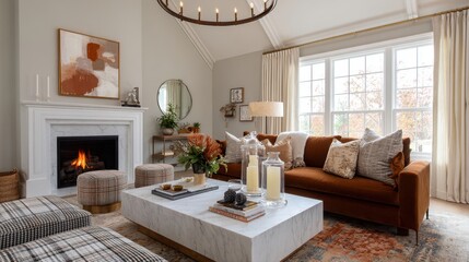 Naklejka premium Luxury modern living room interior design with elegant brown velvet sofa cozy burning fireplace marble coffee table stylish decor items grand lighting fixture bright windows home staging concept