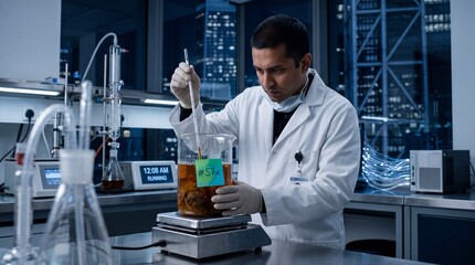 Fototapeta premium Scientist measures liquid temperature with glass thermometer in lab