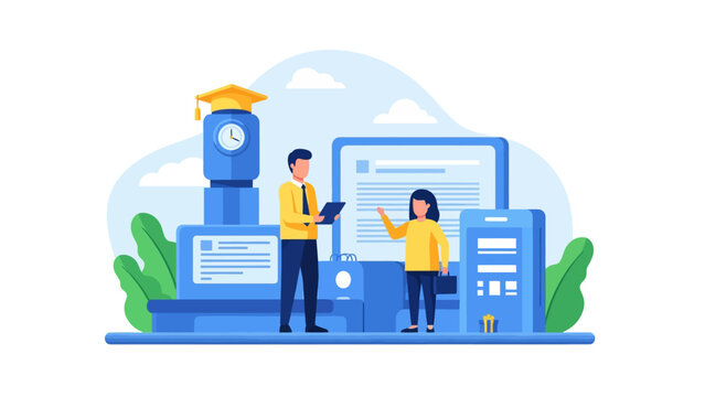 Modern Online Education Concept featuring flat illustration of teacher and student with digital screens and graduation clock tower ideal for e-learning platforms and digital training.