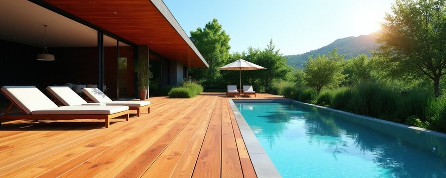 Modern home with ipe wood deck and swimming pool. Sunny patio furniture and lounge chairs surround the bright blue water. Rich green trees and hills form a scenic background.