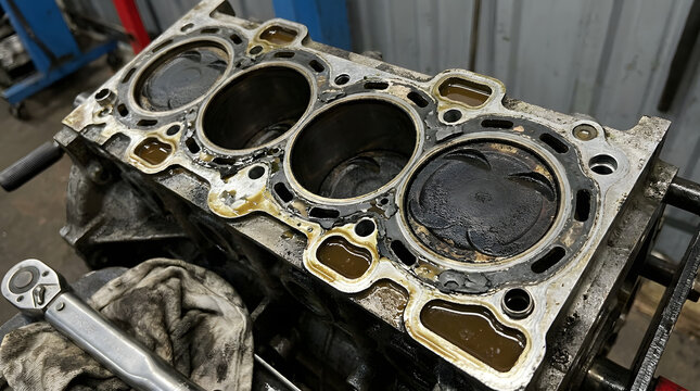 Close-up inspection of used four-cylinder engine block on workshop table with metal tools. Generative AI 