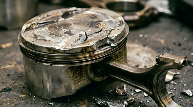 Close-up of Worn and Damaged Internal Combustion Engine Piston in Industrial Workshop Setting. Generative AI 