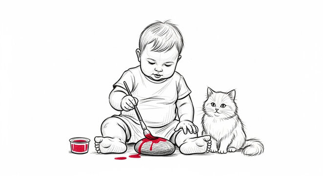 Curious toddler playing with cat and spilled paint illustration.