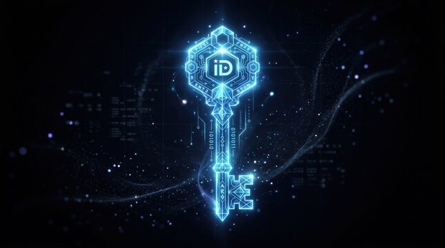 A futuristic digital key with a glowing blue circuit board design and the letters 'iD' on a black background with binary code and neon-like lines.
