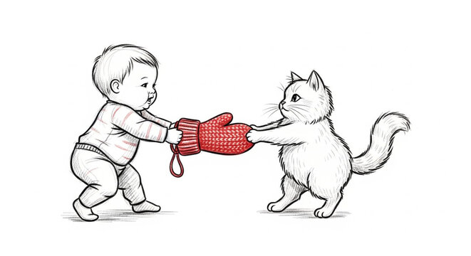 Playful toddler and cat engaging in fun boxing game indoors.