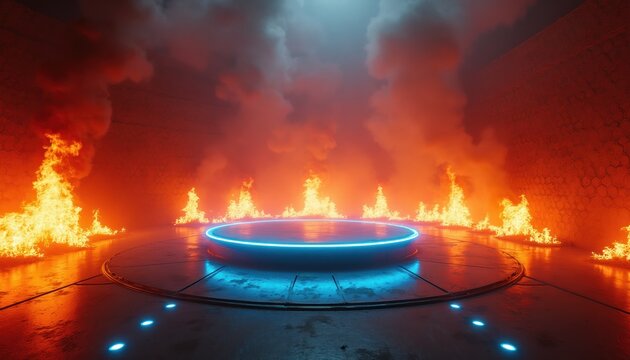 Futuristic room engulfed in flames and smoke. Circular platform with blue neon light in center. Danger and disaster scene with fire eruption.