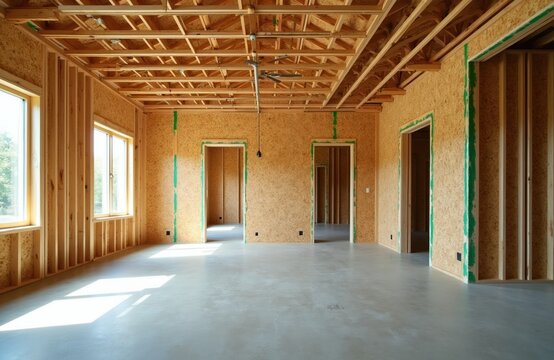 Interior framing of new house construction with OSB walls and wooden joists. Concrete floor slab and door openings await final finishing. Bright daylight streams through windows.