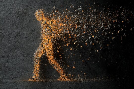 Human Figure Disintegrating Orange Fragments Particles Dark Background Transformation Concept
