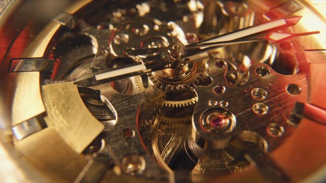 Close view of watch gears and mechanisms shows the intricate design and craftsmanship of a mechanical timepiece in bright light