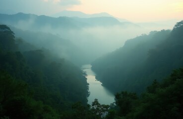 Obraz premium Misty morning over jungle valley with river. Fog layers obscure distant mountains. Rich green trees cover steep hillsides beside calm water body.