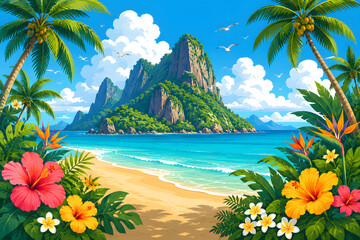 Bright cartoon beach scene with hibiscus flowers and rocky cliffs