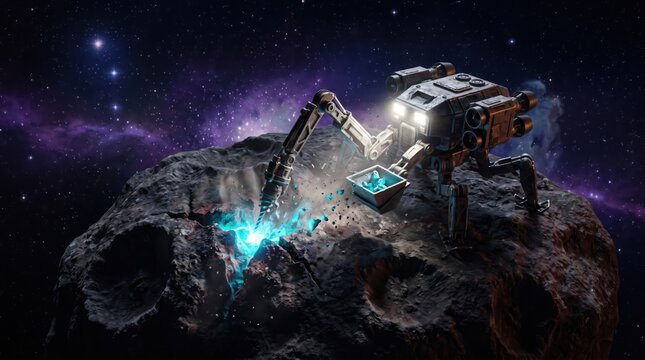 A futuristic robotic mining machine extracts valuable resources from a large asteroid in space with vibrant blue energy emanating from its tools.
