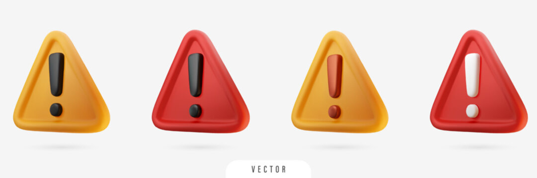 3D triangle warning symbols with exclamation sign. Yellow and red danger alert realistic icons