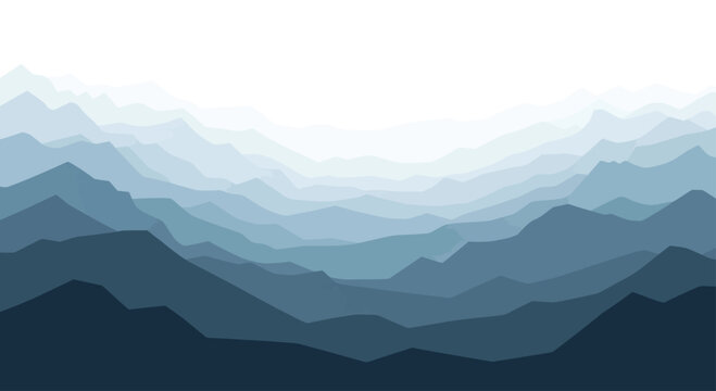 Layers of blue-grey mountains fade into a white sky