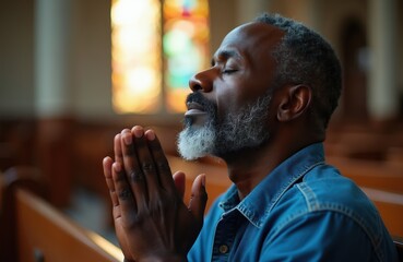 Obraz premium Black man prays with hands clasped inside church pew. Man seeks divine guidance, spiritual connection, and inner peace. He wears a blue denim shirt with grey beard.