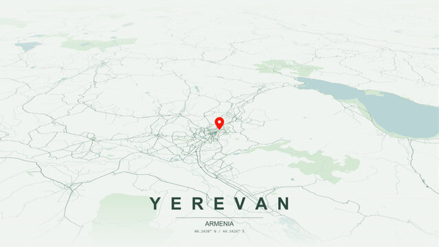 Modern minimalist vector map of Yerevan, Armenia. High-quality scalable illustration of Yerevan city grid, Cascade complex, Hrazdan River canyon, Armenian national highway networks for posters design.