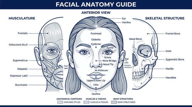 Human Facial Anatomy Guide: Musculature, Skeletal Structure, Anterior View
