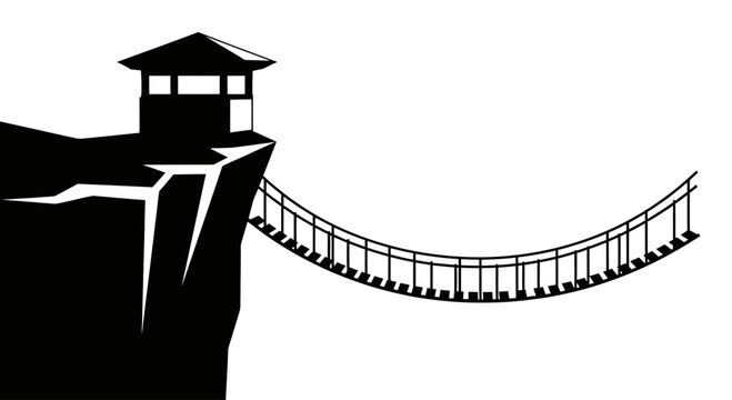 A dark silhouette of a watchtower perched on a cliff edge connected by a rope bridge