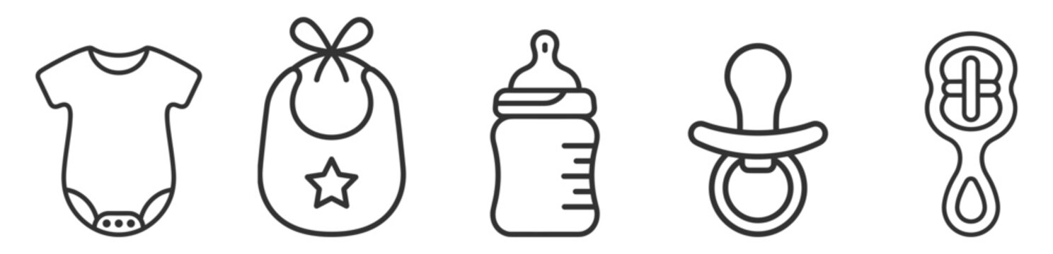 baby clothing and feeding accessories set line icons including bodysuit bib bottle pacifier and rattle on transparent background
