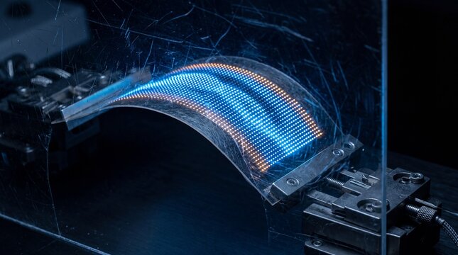 Experimental flexible micro led array curved under mechanical stress