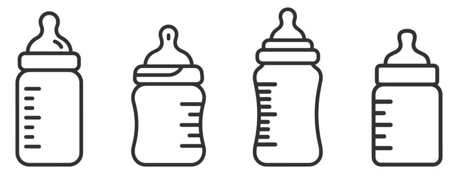 set of baby bottles line icons with measurement scale and nipple on transparent background