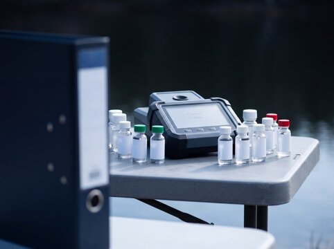 Field water testing equipment with reagent vials and digital photometer
