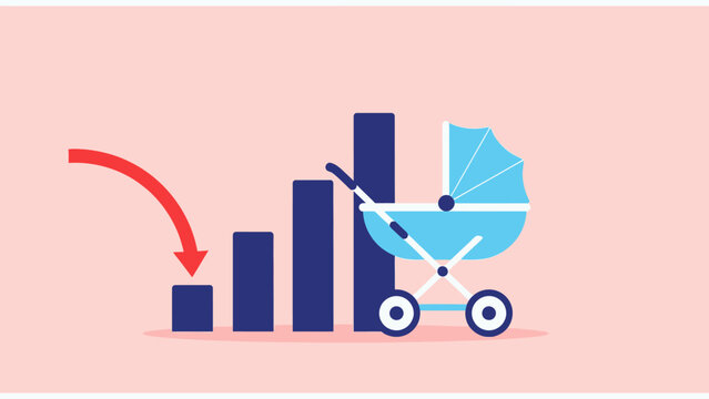 Declining Birth Rate Concept featuring a blue baby stroller next to a bar graph with a red downward arrow, ideal for demographic studies and economic reports on fertility trends.