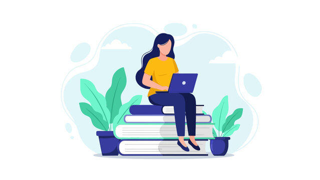 Modern Education Concept featuring a woman sitting on a stack of books using a laptop with plant accents ideal for e-learning platforms, online education blogs, and digital library marketing.
