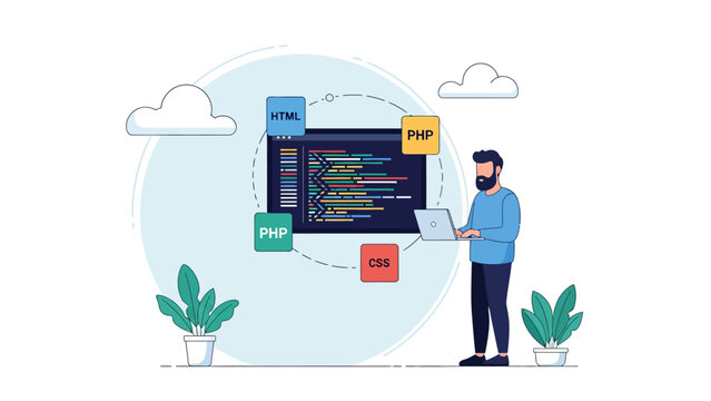 Professional Web Developer Illustration featuring a man with laptop coding next to HTML, PHP, and CSS icons, ideal for software development websites and perfect for IT education materials.