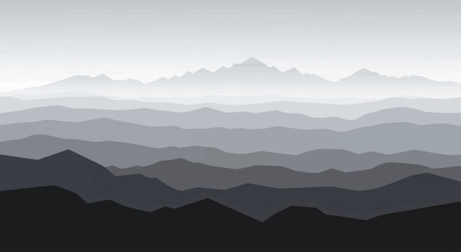 Gradient mountain range, layered silhouettes fading into a hazy sky