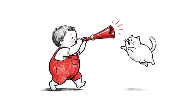 Playful toddler using megaphone to startle floating cat.