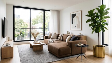 Fototapeta premium Cozy living room interior with brown sofa and large window overlooking green trees outside
