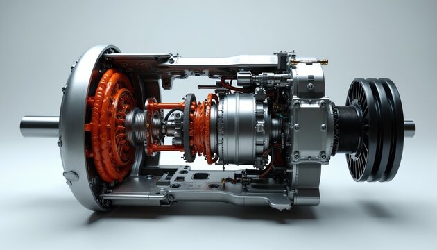 Exploded view of electric car motor internal parts. Detailed cross section reveals complex mechanical components and wiring for electric vehicle powertrain innovation.