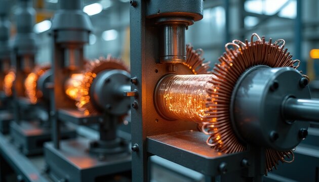 Automated machines precisely wind copper wire onto motor stator cores in factory setting. Industrial process creates electric motor components with intricate coil patterns. Manufacturing industry