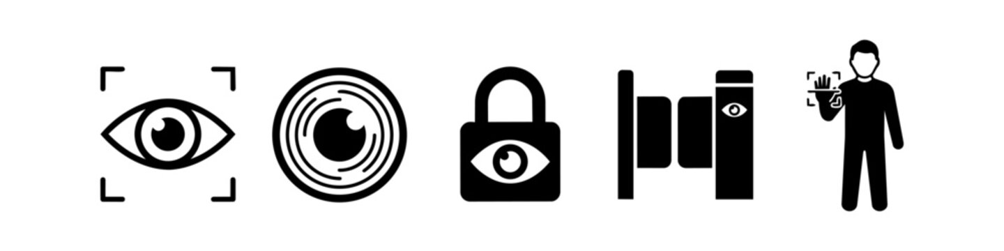 Set of biometric security icons featuring iris scanning, camera lens, padlock with eye, CCTV camera, and hand recognition for advanced digital privacy, surveillance, and identity protection.