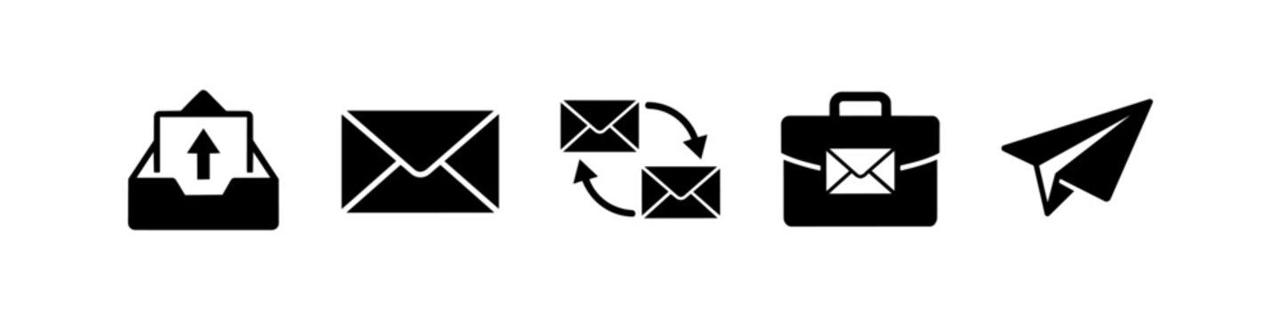 Set of black flat email icons: outbox, envelope, message exchange, business briefcase, and paper plane. Professional digital communication symbols for web and app design.