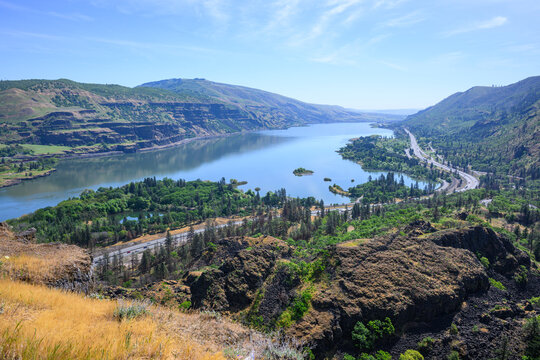 View east along the Columbia River as interstate 84 cuts through the rugged landscape