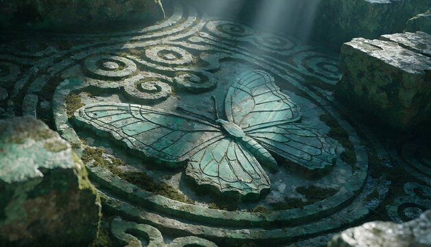 A malachite butterfly carved into a jade temple wall ancient civilization aesthetic