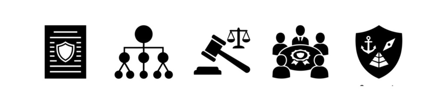 Collection of black corporate governance icons featuring legal gavel, organizational chart, board of directors meeting, and security shield symbols for business compliance concepts.