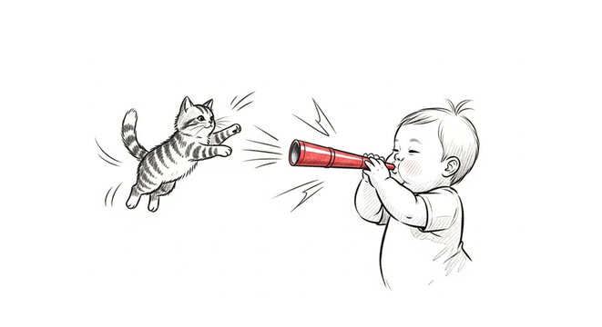 Playful Baby Blowing Horn at Scared Cartoon Cat Illustration.