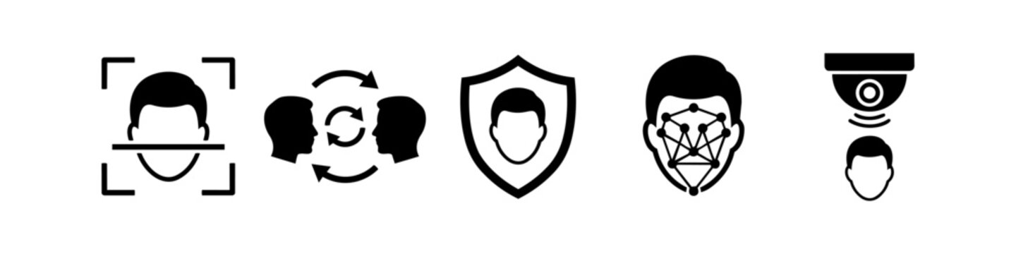 Set of facial recognition and biometric security icons, including face scanning, biometric mapping, privacy shield, and surveillance camera monitoring. Modern black vector icons on white.